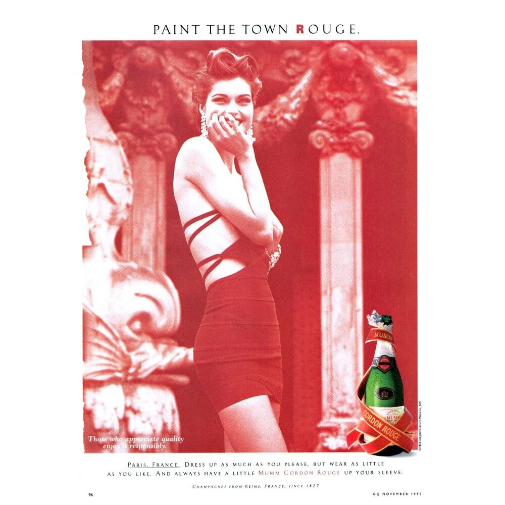1993 Mumm Cordon Rouge Champagne Vintage Print Ad Woman Red Dress 90s Wall Art